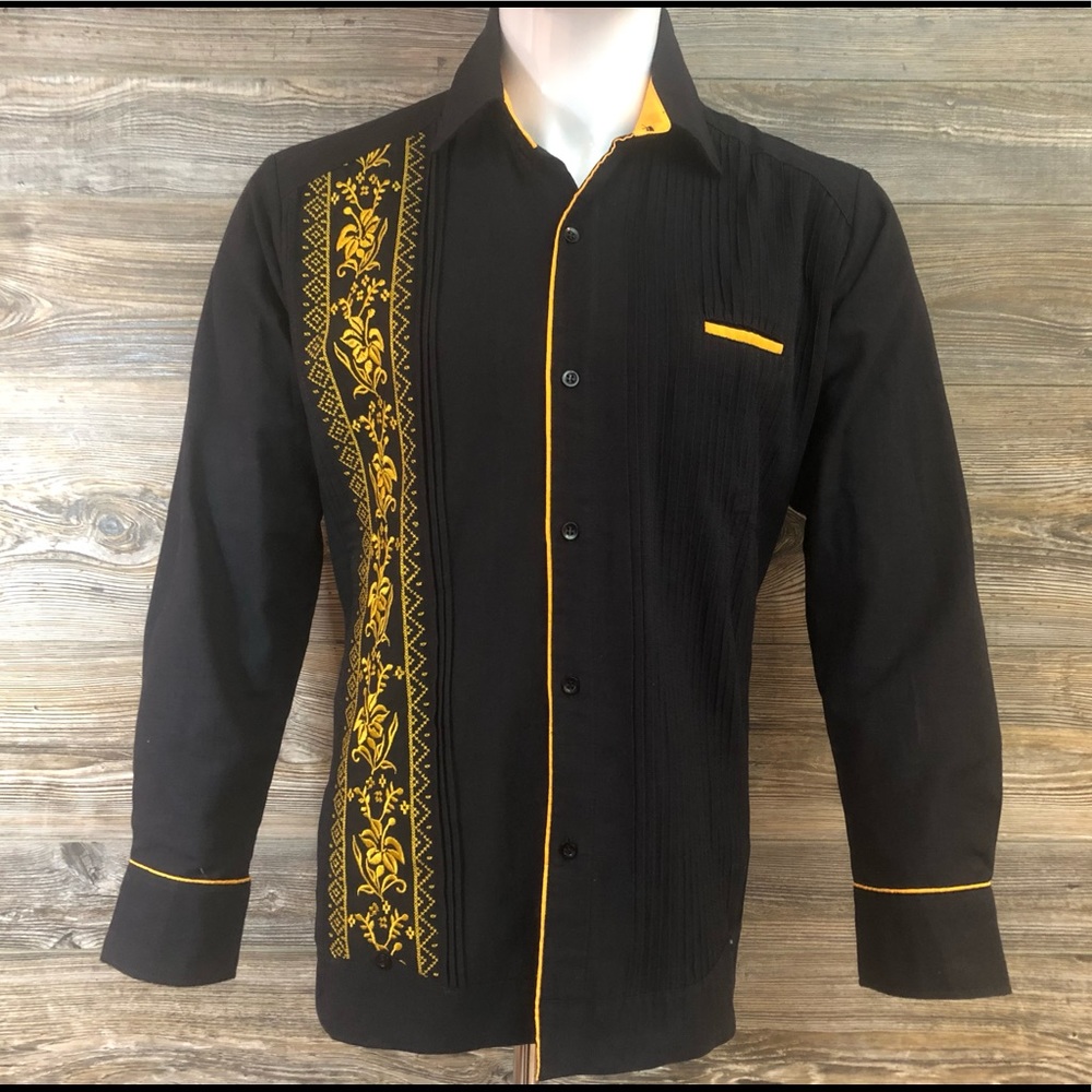 Mens Guayabera Shirt Black Linen Long Sleeve Golden Embroidery Handcrafted Linen